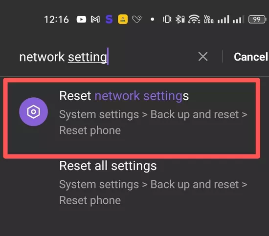 reset network setting option