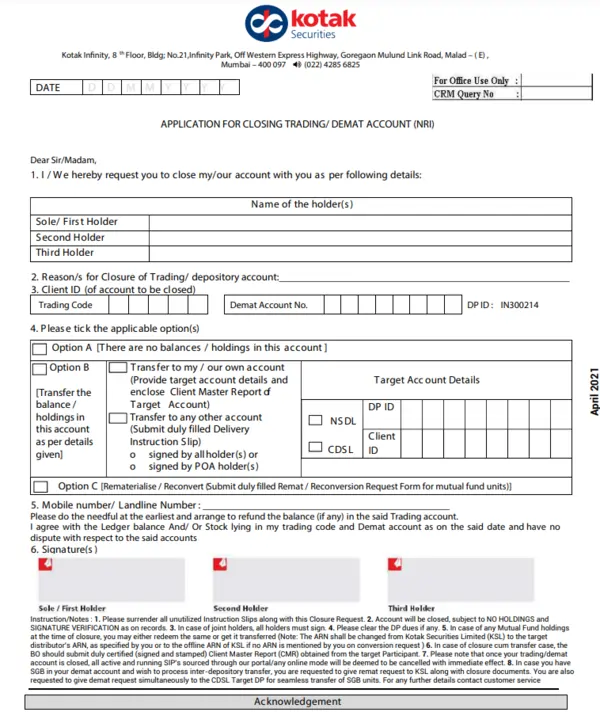 kotak securities account closing form
