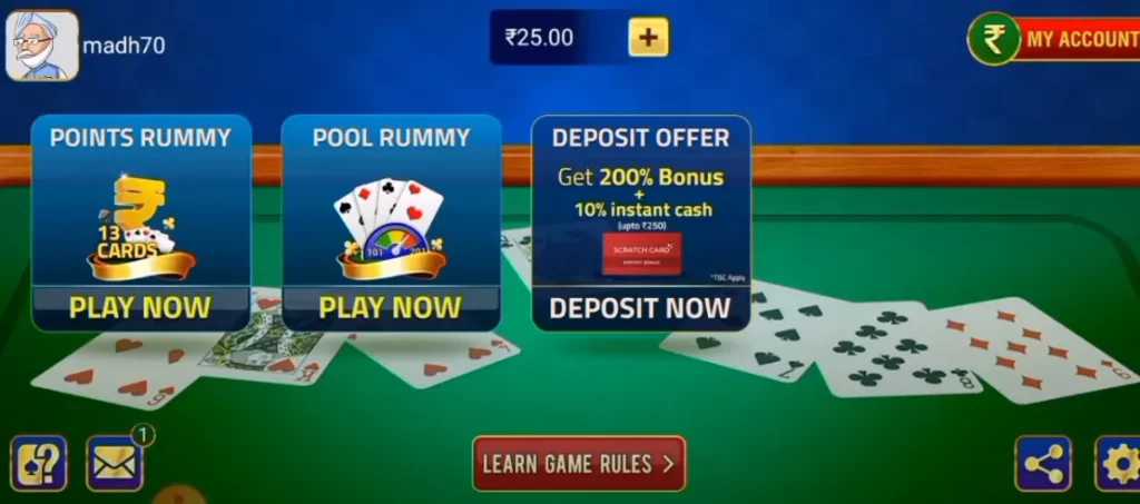 play rummy app dashboard