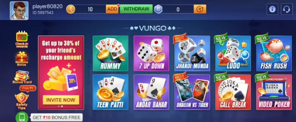 Teen Patti One app dashboard